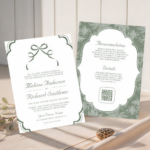 Convites Casamento Código QR Laço Coquette Verde Sage Branc