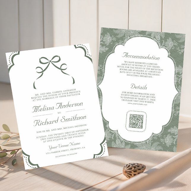 Convites Casamento Código QR Laço Coquette Verde Sage Branc (Criador carregado)