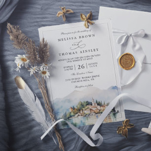 Convites Casamento Código QR Lago Como Itália Aquarela Eleg