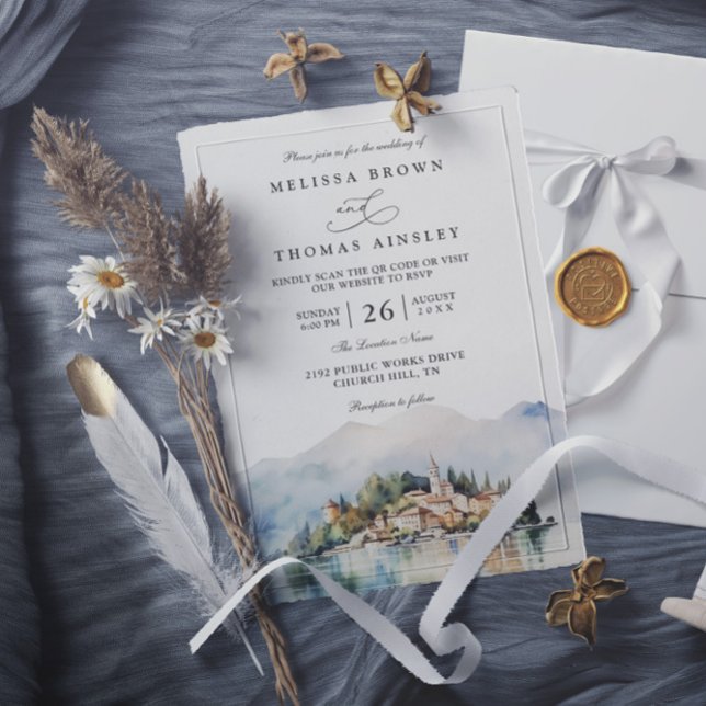 Convites Casamento Código QR Lago Como Itália Aquarela Eleg (Criador carregado)
