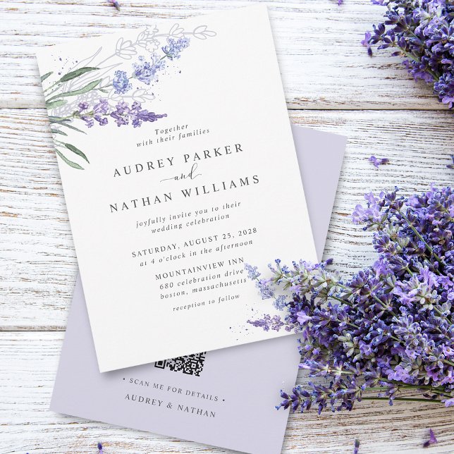 Convites Casamento Código QR Lavanda Aquarela Romântica (Romantic Watercolor Lavender QR Code Wedding Invitation)