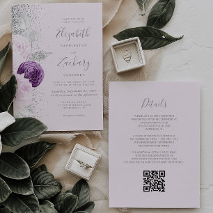 Convites Casamento Código QR Lilás Brilho Prata Floral Roxo