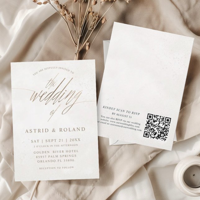 Convites Casamento Código QR Luxo Mínimo Dourado e Bege (Criador carregado)