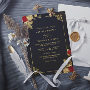 Convites Casamento Código QR Luxuoso Vermelho Dourado e Pre