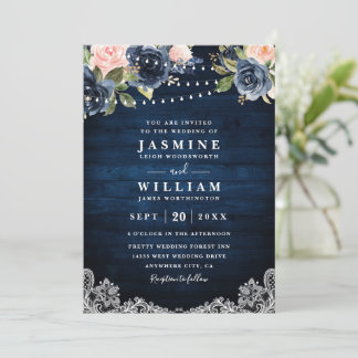 Convites Casamento Código QR Luz de Corda Rústica Floral Az