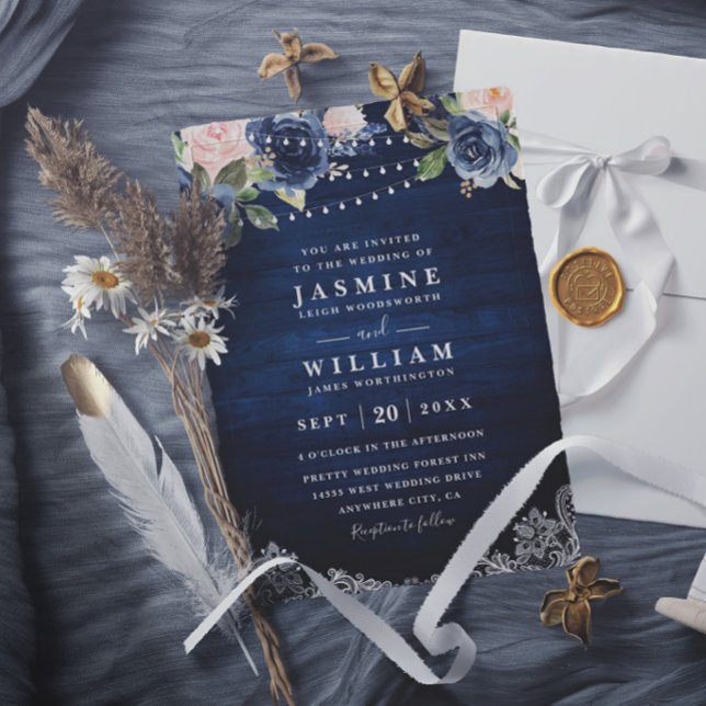 Convites Casamento Código QR Luz de Corda Rústica Floral Az (Criador carregado)