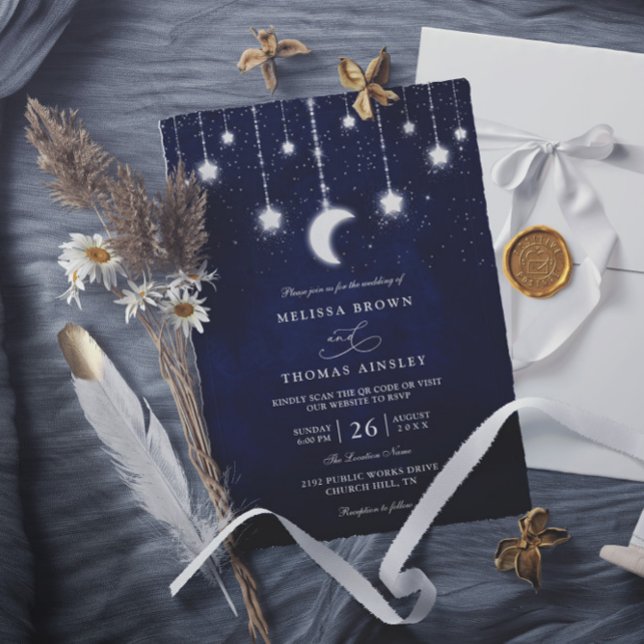 Convites Casamento Código QR Luzes de Corda Estrelas Lua Ce (Criador carregado)