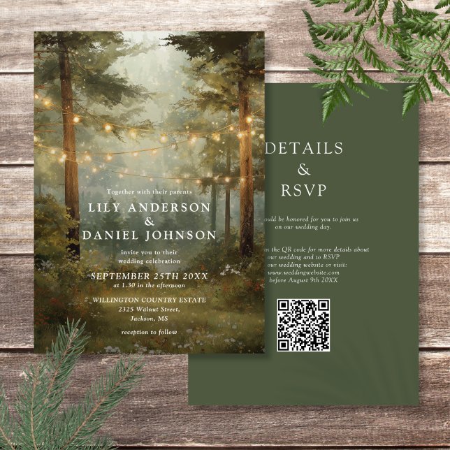 Convites Casamento Código QR Luzes de Corda Rústica Boho Fl (Rustic Boho Forest String Lights QR Code Wedding Invitation)