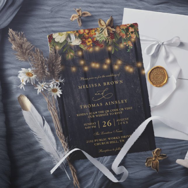 Convites Casamento código qr madeira do celeiro floral rúst (Criador carregado)