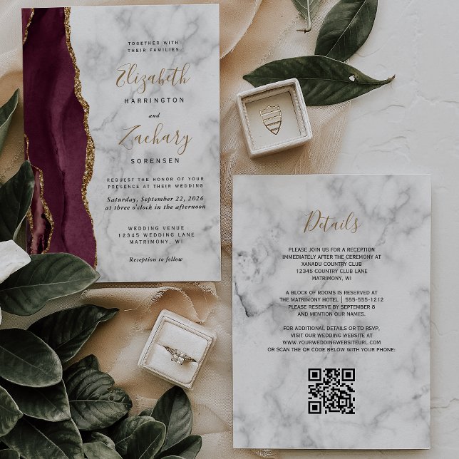 Convites Casamento Código QR Mármore Ágata Dourada Borgonha (Criador carregado)
