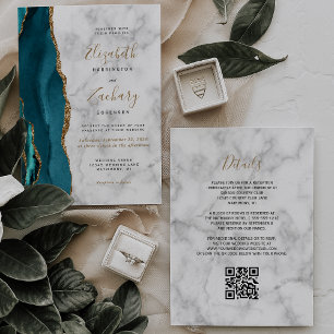 Convites Casamento Código QR Mármore Ágata Dourado Verde Te
