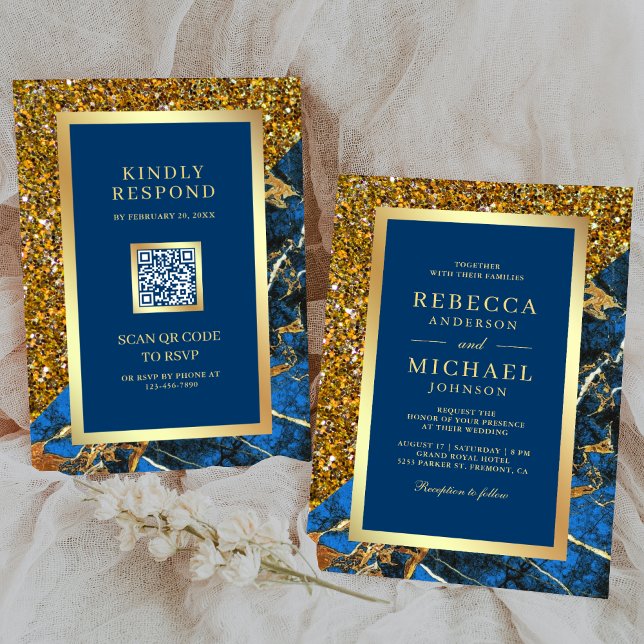 Convites Casamento Código QR Mármore Azul Real Dourado (Criador carregado)