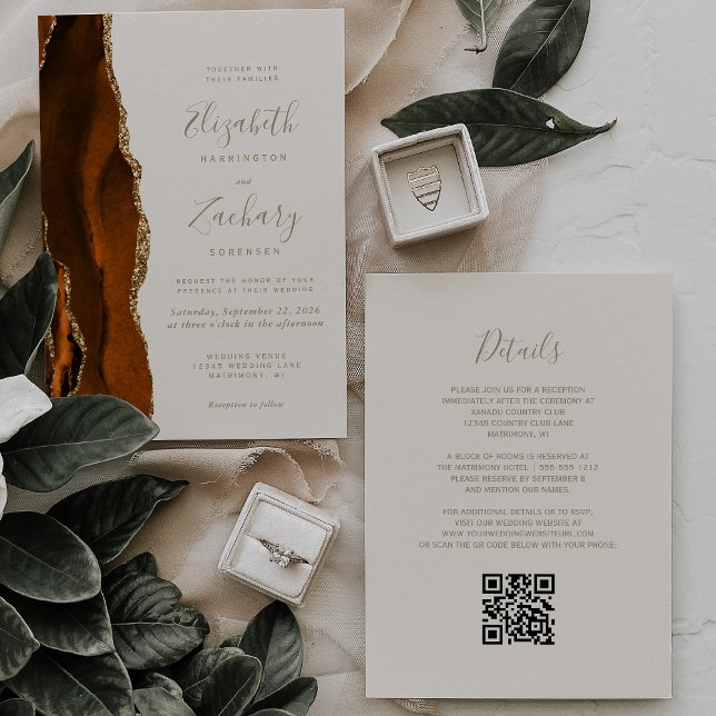 Convites Casamento Código QR Marrom Laranja Dourado Ágata M (Criador carregado)