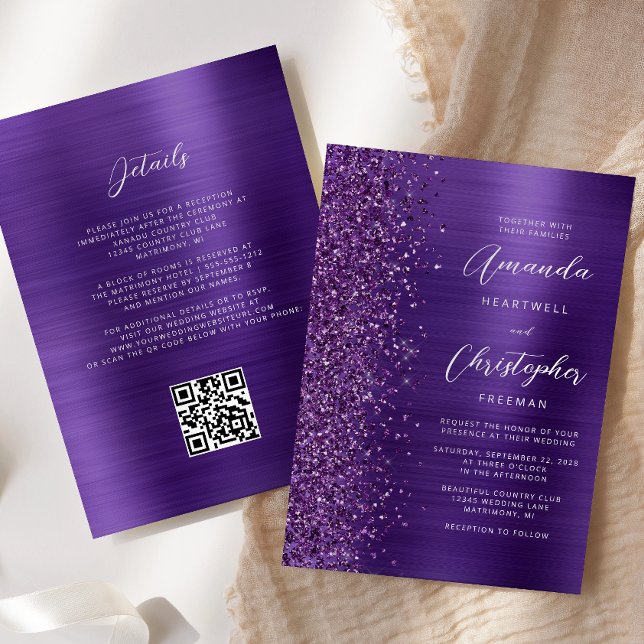 Convites Casamento Código QR Metal Escovado Glam Purple (Criador carregado)