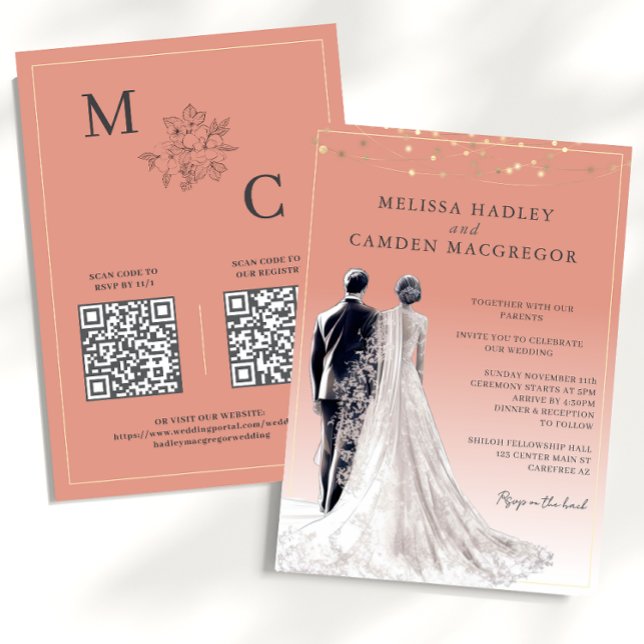 Convites Casamento Código QR Moderno Elegante Coral Deserto (Criador carregado)