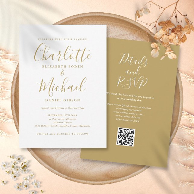 Convites Casamento Código QR Moderno Elegante Dourado (Gold Elegant Modern Script QR Code Wedding Invitation)