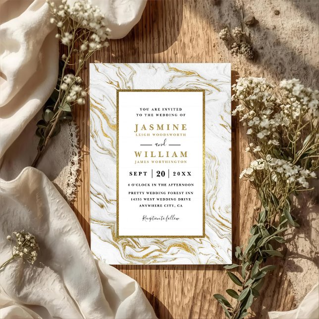 Convites Casamento Código QR Moderno Elegante Dourado Mármo (Criador carregado)