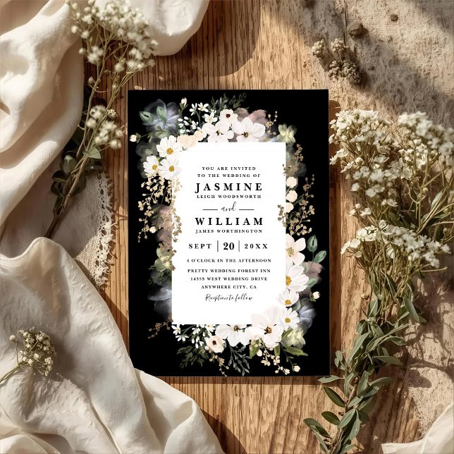 Convites Casamento Código QR Moderno Elegante Flores Silves (Criador carregado)
