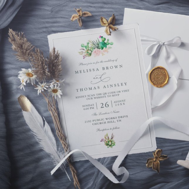 Convites Casamento Código QR Moderno Elegante Rosa Cacto Rú (Criador carregado)