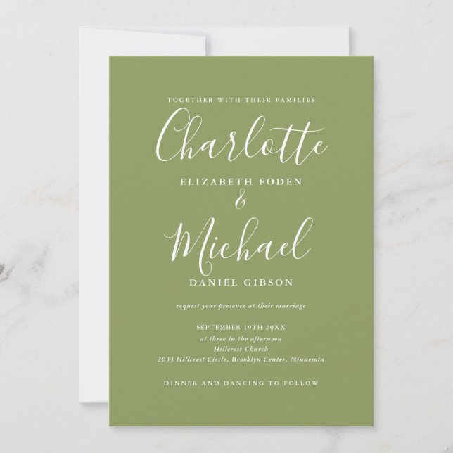 Convites Casamento Código QR Moderno Elegante Verde Musgo (Frente)
