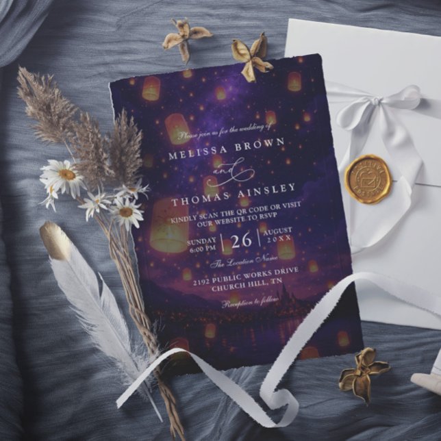Convites Casamento Código QR Moderno Lanternas Emaranhadas  (Criador carregado)
