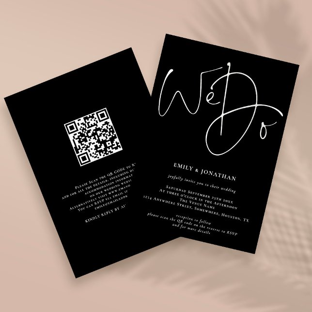 Convites Casamento Código QR Moderno Script Preto (Criador carregado)