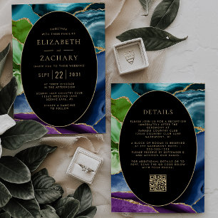 Convites Casamento Código QR Moldura Oval de Ágata Dourada 