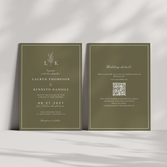 Convites Casamento Código QR Monograma Folha Verde Oliva (Criador carregado)
