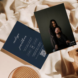 Convites Casamento Código QR Monograma Foto Azul Marinho Mo