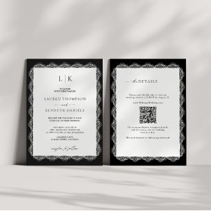 Convites Casamento Código QR Monograma Moldura de Renda Pre
