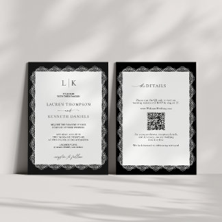 Convites Casamento Código QR Monograma Moldura de Renda Pre
