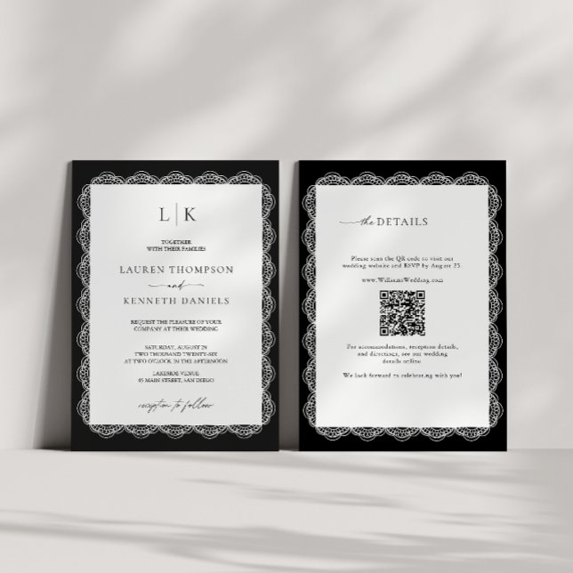 Convites Casamento Código QR Monograma Moldura de Renda Pre (Criador carregado)