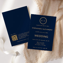 Convites Casamento Código QR Monograma Ouro Azul Marinho El