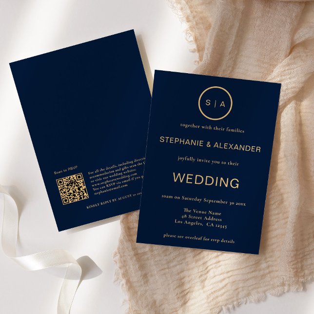 Convites Casamento Código QR Monograma Ouro Azul Marinho El (Criador carregado)