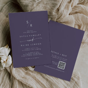 Convites Casamento Código QR Monograma Roxo Boho Chic