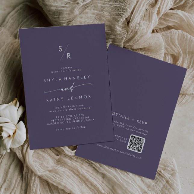 Convites Casamento Código QR Monograma Roxo Boho Chic (Criador carregado)