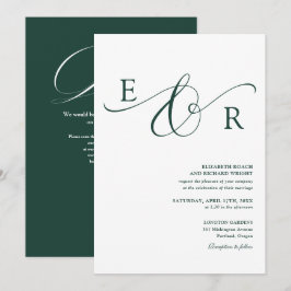 Convites Casamento Código QR Monograma Verde Esmeralda Eleg