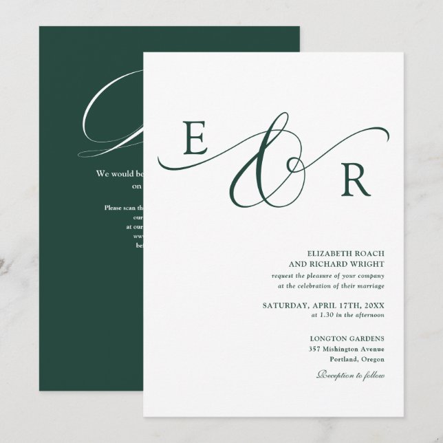 Convites Casamento Código QR Monograma Verde Esmeralda Eleg (Frente/Verso)