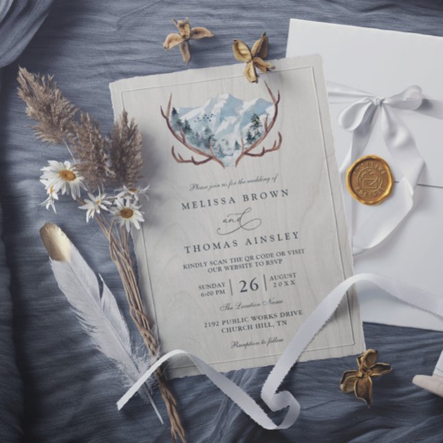 Convites Casamento Código QR Montanha Chifres Madeira Rústi (Criador carregado)