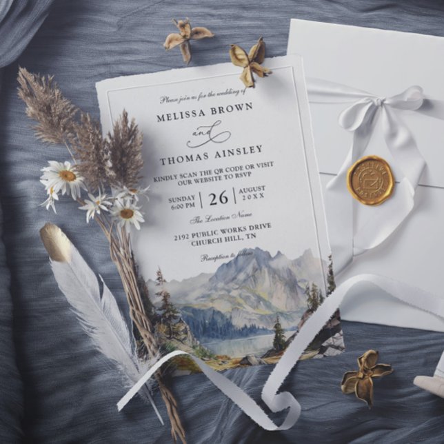 Convites Casamento Código QR Montanhas Lago Rústico Elegant (Criador carregado)