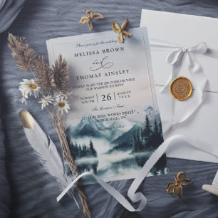 Convites Casamento Código QR Montanhas Pine Aguarela Temper