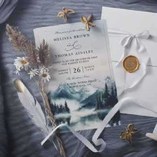 Convites Casamento Código QR Montanhas Pine Aguarela Temper