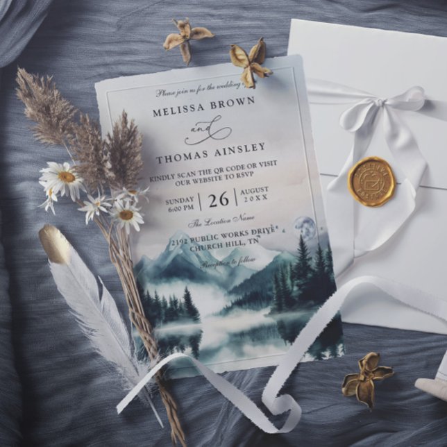 Convites Casamento Código QR Montanhas Pine Aguarela Temper (Criador carregado)