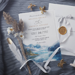 Convites Casamento Código QR Montanhas Rústicas Lago Montan