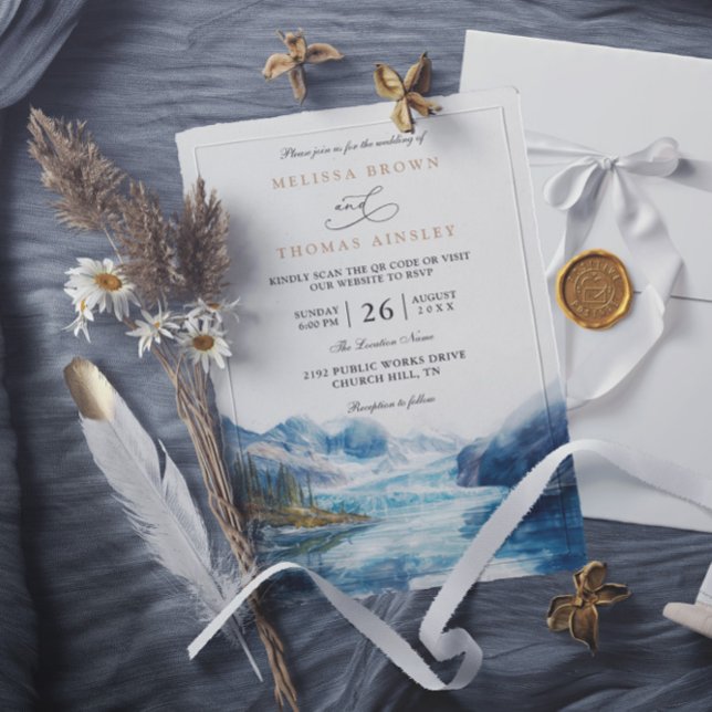 Convites Casamento Código QR Montanhas Rústicas Lago Montan (Criador carregado)