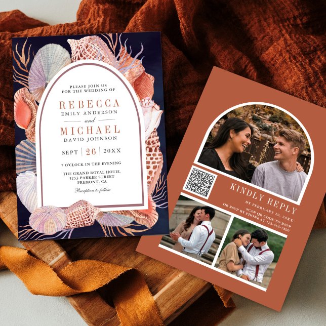 Convites Casamento Código QR Náutico Azul Marinho Conchas R (Criador carregado)
