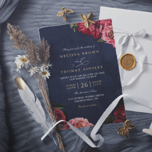 Convites Casamento Código QR Naval Floral Peônias Clássicas
