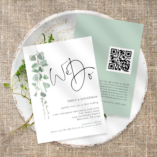 Convites Casamento Código QR Nós Fazemos Eucalipto Moderno (Front and back view)