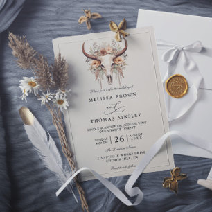 Convites Casamento Código QR Ocidental Caveira de Vaca Flor