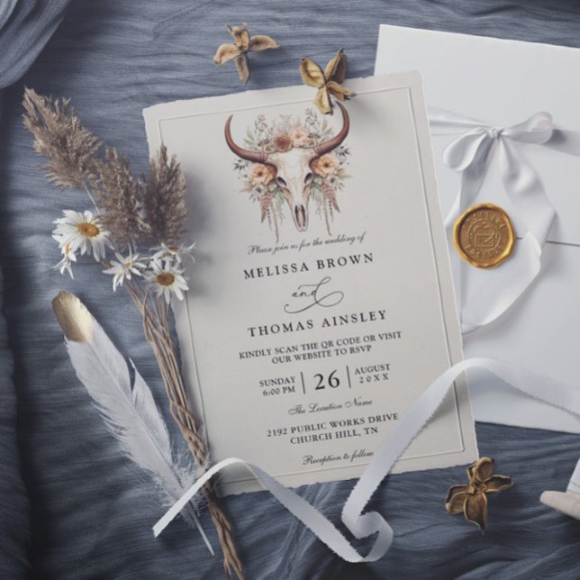 Convites Casamento Código QR Ocidental Caveira de Vaca Flor (Criador carregado)